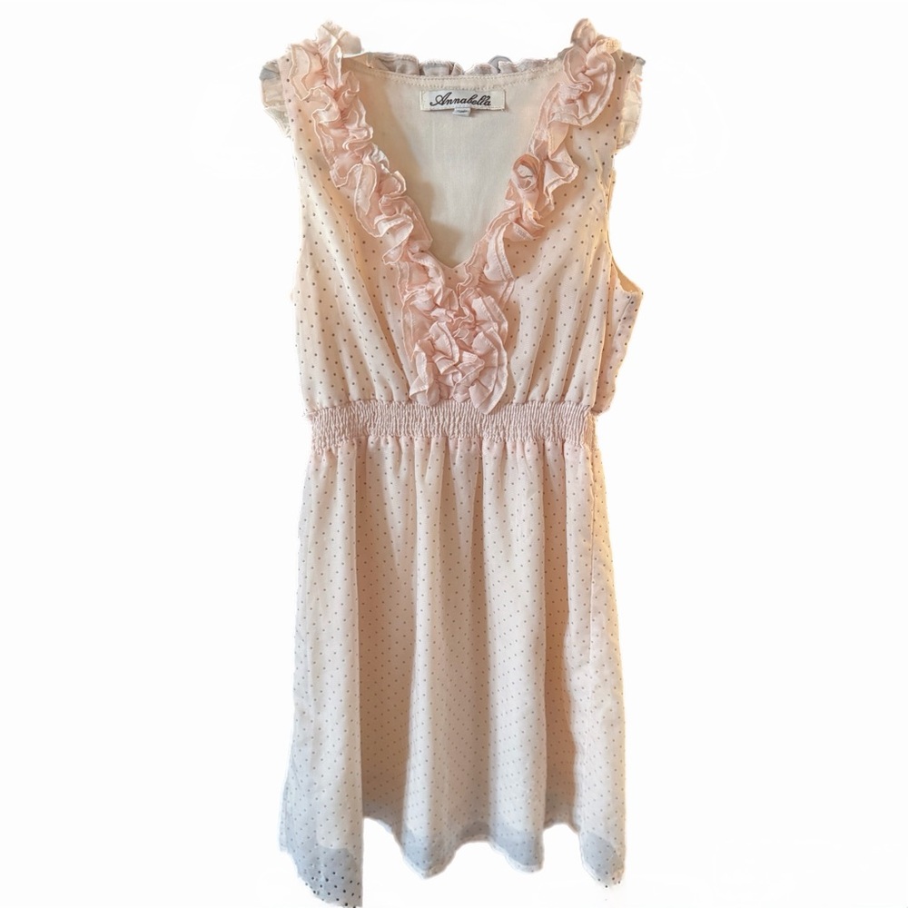 Annabelle Pink Polka Dot Mini Dress | Ruffle V-Neck Sleeveless | Size Small